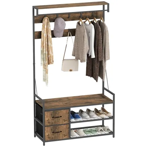 HOMCOM Garderobenständer mit 10 verstellbaren Haken - Multifunktionaler Garderobenständer im Industrie-Design mit 6-in-1-Funktion: Haken, Kleiderstange, Schuhregal und Schublade für optimale Ordnung im Flur oder Wohnzimmer.