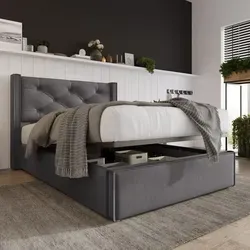 Polsterbett 90x200 cm mit Lattenrost und Bettkasten, Grau - Praktisches Stauraumbett mit gepolstertem Kopfteil und seitlichen Ohren. Ideal für kompakte Räume, bietet es zusätzlichen Stauraum und überzeugt durch modernes Design und hohe Stabilität.