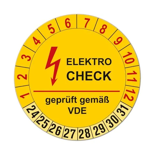 Stück Elektro Prüfetiketten auf Rolle, Gültigkeit 8 Jahre, Durchmesser 30mm, Farbe gelb, Aufkleber, Prüfaufkleber, Prüfplaketten, Folienaufkleber mit UV-Schutzlackierung, Prüfung (Auf-P13) 100