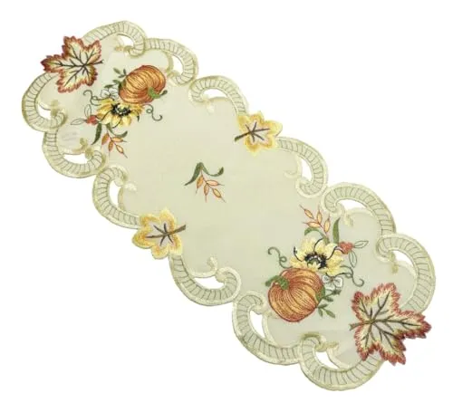 Tischläufer Tischdecke Mitteldecke Tischband Herbstdecke gestickt Kürbis Sonnenblume Herbstblätter Creme Polyester (22x55)