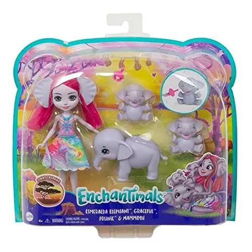 Enchantimals GTM30 - Familie Spielset, Elefantenmädchen Esmeralda Elephant Puppe (15,2 cm), 3 Elefanten-Tierfreunde, 1 Schnuller-Accessoire, Sunny-Savanna-Kollektion, Spielzeug für Kinder ab 3 Jahren