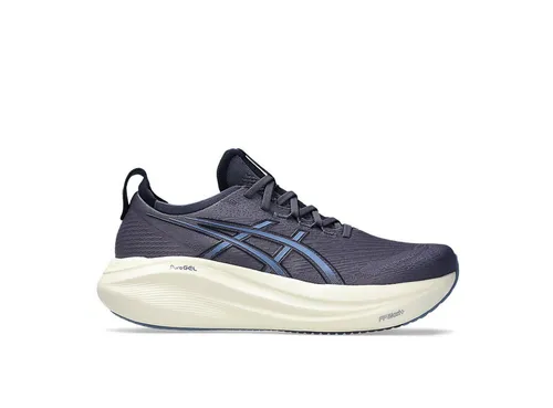ASICS GEL-NIMBUS 27 Herren Laufschuhe in Indigo Fog-Denim Blue Größe 46 - Allround-Laufschuhe mit elastischem Knit-Obermaterial für perfekten Sitz; PureGEL-Technologie und FF Blast Plus Eco Dämpfung für maximalen Komfort bei jedem Schritt.