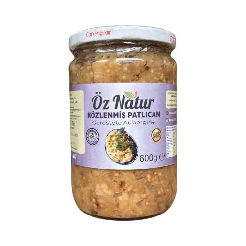 Öz Natur Geröstete Aubergine, 600g, Közlenmiş Patlıcan, Geschälte Auberginen im Glas für Dips und Salate