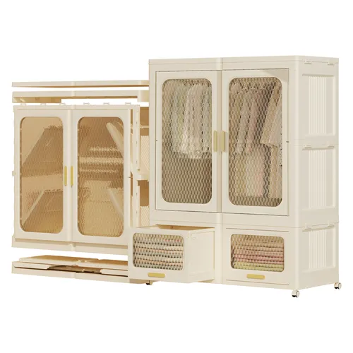 Heikoeco® Kleiderschrank weiss, stapelbarer Garderobenschrank aus hochwertigem Kunststoff mit Schubladen (1 Stange+ 2 Schublade)92x55x145,5cm