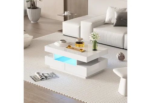 STILVORA Couchtisch mit LED und Schubladen – Hochglanz Wohnzimmertisch in Weiß - Eleganter Couchtisch mit LED-Beleuchtung und großzügigem Stauraum. Ideal für moderne Wohnzimmer, bietet er Platz für Dekoration und sorgt für eine stimmungsvolle Atmosphäre.