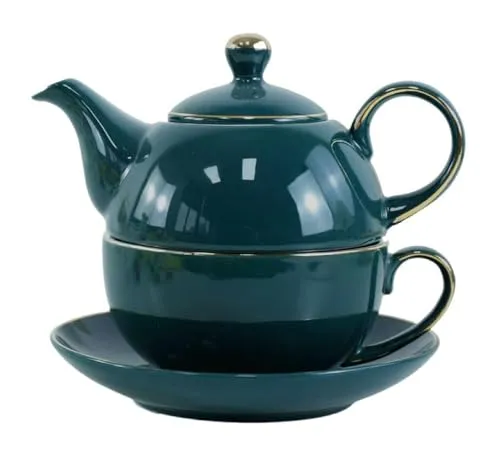 YBK Tech Keramik Tee-Set für eine Person, 12oz Teekanne und 8.2oz Tasse mit Untertasse (Pfauengrün)