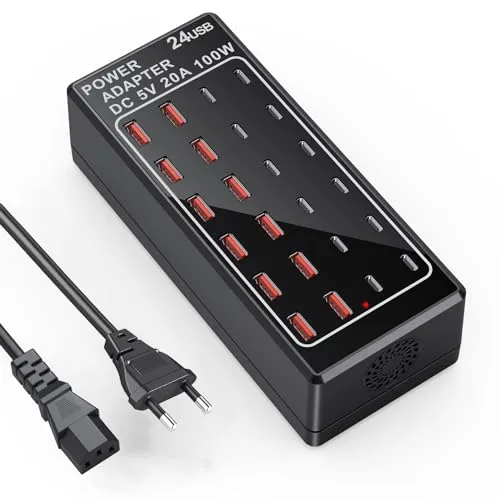 USB C Ladegerät 24 Ports 100W - Netzteile für Handys, 24-Port-Ladestation mit 100W Gesamtleistung für schnelles und sicheres gleichzeitiges Laden von bis zu 24 Geräten.