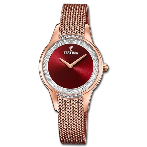 Festina Damen Analog Quarz Uhr F20496/1 - Elegante Armbanduhr für Damen mit roségoldenem Edelstahlgehäuse, präzisem Quarzwerk und funkelnden Swarovski-Kristallen auf rotem Zifferblatt. Ideal für besondere Anlässe.