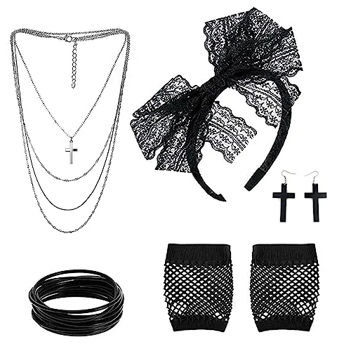 VIKSAUN 80er Jahre Retro Kostüm Set, Prom Accessoires, Fancy Outfit Mit Spitze Stirnband, Ohrringe, Fischnetz Handschuhe, Halskette, Armband für 80s Party