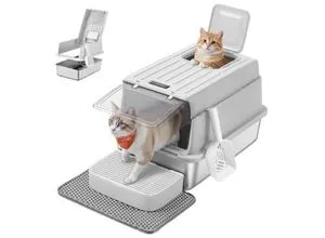 FEANDREA Katzentoilette mit Deckel und 2 Eingängen - Praktische Katzentoilette in Hellgrau, ausgestattet mit Schaufel und Katzenstreumatte für einfache Reinigung und mehr Komfort für Ihre Katze.