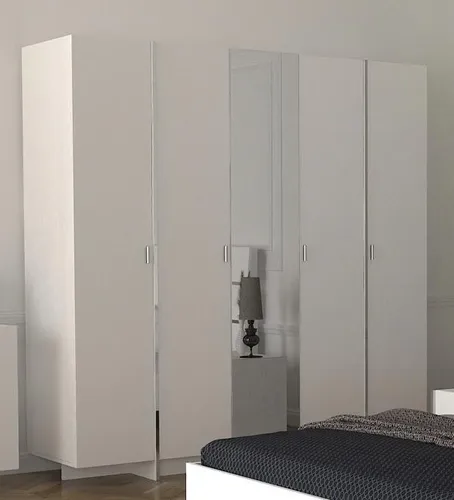 Kleiderschrank Modern in Braun und Weiß – 204 cm - Moderner Kleiderschrank mit 5 Türen und über 8 Regalfächern, ideal für Schlafzimmer. Robustes Holzdesign und kompakte Maße sorgen für viel Stauraum und stilvolle Ordnung.