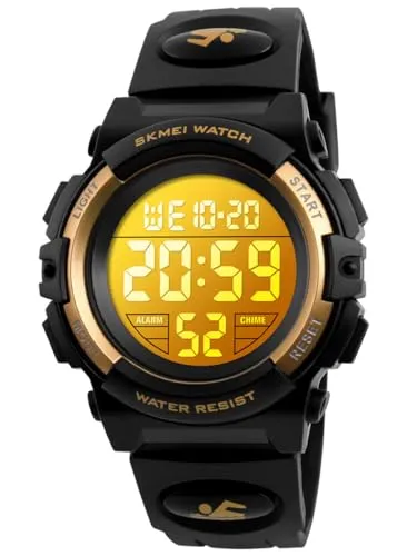 Alienwork Seven-Color LED Digital Kinderuhr Jungen Mädchen Schwarz Kautschuk-Armband Kalender Mehrfarbig Chronograph Sportlich Multi-Funktion