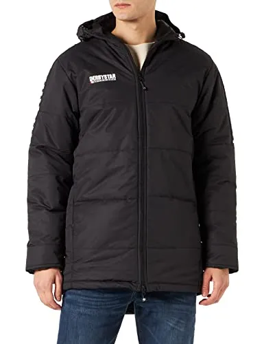 Derbystar Hyper Stadionjacke Unisex, schwarz Weiss, L - Sportjacke für Trainer und Auswechselspieler, wind- und wasserabweisend, mit dickem Innenfutter für optimale Wärme und verstellbarer Kapuze für individuellen Komfort.