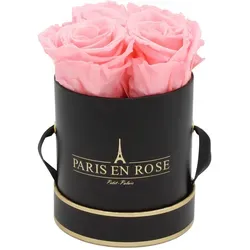 Rosenbox Ø 10 cm Schwarz-Gold mit 4 Rosa Rosen