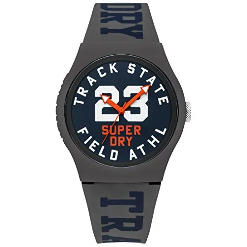 Superdry Unisex Erwachsene Analog Quarz Uhr SYG182UE - Stylische Armbanduhr mit schwarzem Silikonarmband und 43mm Kunststoffgehäuse. Wasserdicht bis 5 Bar, ideal für den Alltag. Ein Hingucker mit blauem Ziffernblatt und orangefarbenen Zeigern.