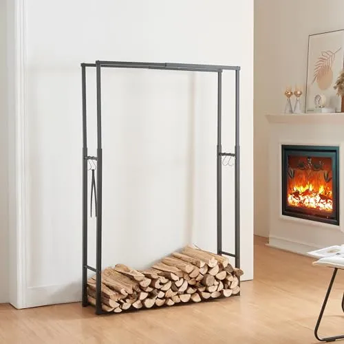 [en.casa] Kaminholzregal Kasan – Verstellbarer Feuerholzständer aus Stahl - Aschesauger: Hochwertiges, wetterbeständiges Kaminholzregal mit verstellbarer Größe für individuelle Anpassung und integrierten Haken zur praktischen Aufbewahrung von Werkzeugen.