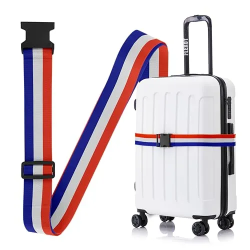 Flexot® F-3046 | Koffergurt mit Clip-Schnalle | Verstellbare Länge | reißfestes Gewebe | für alle Koffer wie Handgepäck, Reisekoffer aus ABS oder Stoff (Rot-Weiß-Blau, Clip-Schnalle)