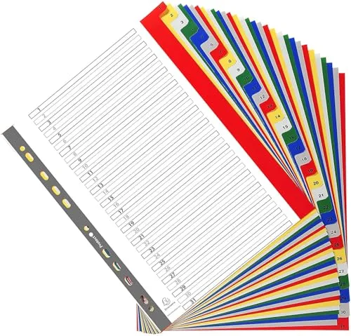 Exacompta 88E Kunststoff-Register 1-31 für DIN A4 MAXI aus langlebigem Kunststoff 31-teilig volle Höhe 24 x 29,7 cm weiß mit bedruckten, bunten Taben Universallochung Indexseite zum selbstgestalten
