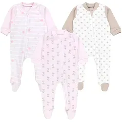 TupTam Schlafoverall Unisex Schlafstrampler 3er Pack - Baby-Hosen, aus 100% Baumwolle, ideal für einen gemütlichen Schlaf, erhältlich in Fuchs, Rosa und Streifen Sterne Beige