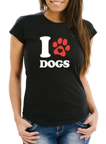 MoonWorks® Damen T-Shirt I Love Dogs Hunde-Spruch Motiv Hundepfote Abdruck Gassi Shirt Frauen Fun-Shirt lustig Schwarz XS
