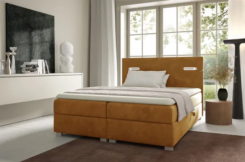 Boxspringbett CAPRICE 200x200cm Goldgelb mit Ambiente-LED in gold von Fun Möbel