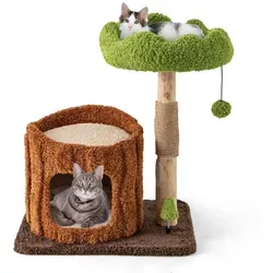 GOPLUS Kratzbaum mit Sisalpfosten, mehrstöckiger Katzenbaum mit Aussichtsplattform und Katzenhaus, mit Jutesäule & Ball, Braun, Grün - Braun/Grün