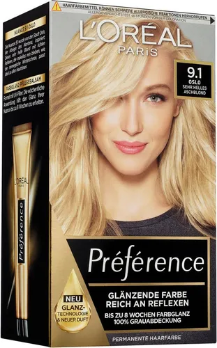 L'ORÉAL PARIS Coloration Préférence 9.1, 3-tlg. - Sehr helles Aschblond - Haarfarben für alle Haartypen, mit pflegender Formel für strahlenden Glanz und intensive Farbpflege. Ideal für eine langanhaltende Farbveränderung.