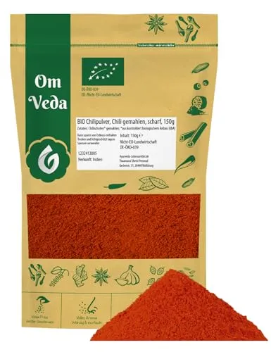 BIO Chili Pulver Fein Gemahlen SCHARF 150g | Organic Bio-Qualität DE-ÖKO-039 | Chilli Powder | OmVeda Gewürze (150g)