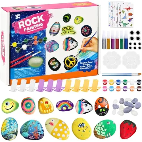 Nachtleuchtendes Steine Bemalen Bastelsets, Bastelset für Kinder und Erwachsene, Kreatives Malset Geschenk Spielzeug, Steine Bastelsets Malset für Kinder Erwachsene Geschenke malerei 3-12 Jahre