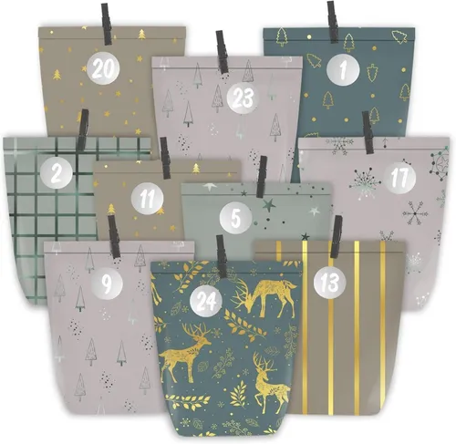 Adventskalender Tüten - 24 Weihnachtstüten zum Selbst Basteln - DIY Adventskalender mit 24 befüllbaren Papiertüten in elegantem Grün, Grau und Gold. Jede Tüte hat einen Zahlensticker für die richtige Reihenfolge und sorgt für festliche Stimmung.