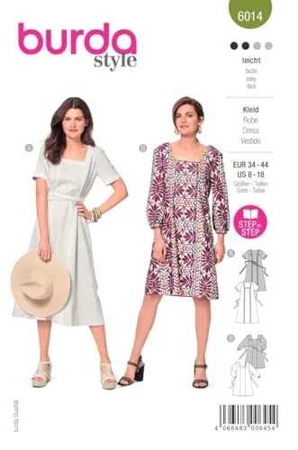 Burda Style Katalog-Schnittmuster Sommerliche Tunikakleider in Midilänge | Damen, Gr. 34-44 | Nählevel: Leicht #6014