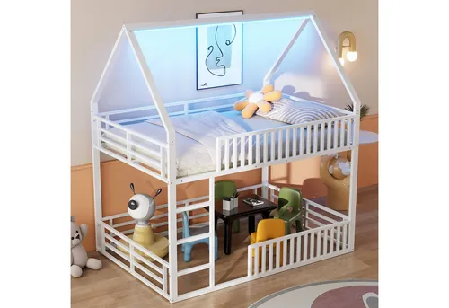 Stilvora Hochbett Weiß, 140x200 cm, für Kinderzimmer - Das stilvolle Haus-Hochbett bietet einen geschützten Schlafplatz und nutzt den Raum darunter optimal. Mit stabiler Metallkonstruktion und LED-Beleuchtung in 7 Farben ist es der perfekte Rückzugsort für kreative Spiele und entspannte Nächte.