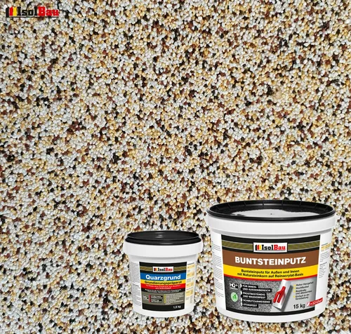 Buntsteinputz SET Mosaikputz BP50 weiss,gelb,braun,schwarz 15kg +Quarzgrund 1,5