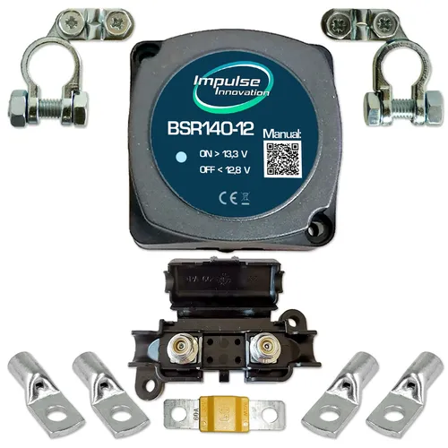 SET BSR Trennrelais 12V/140A für KFZ und Camper - Praktisches Trennrelais-Set mit Sicherung und Anschlussverbindern für 12V Systeme. Ideal für den Einsatz in Fahrzeugen und Campers, bietet zuverlässige Stromverteilung und Schutz bei 140A Nennstrom.