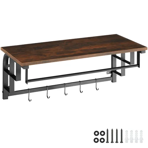 TecTake Hängegarderobe Westwood 66x30x27cm - Industrial Holz dunkel, rustikal - Wandgarderobe im modernen Industrial-Stil mit fünf abnehmbaren Haken und praktischer Ablagefläche für optimalen Stauraum.