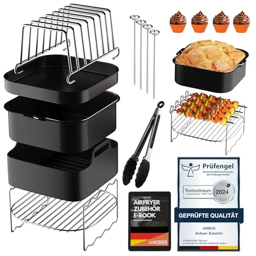 UNBOX Airfryer Zubehör Set quadratisch 15-teilig - passend für COSORI, Philips, Ninja - Zubehör für Friteusen: 15-teiliges Set mit Silikonform und deutschem E-Rezeptbuch für kreative Gerichte, ideal für viele Airfryer-Modelle.