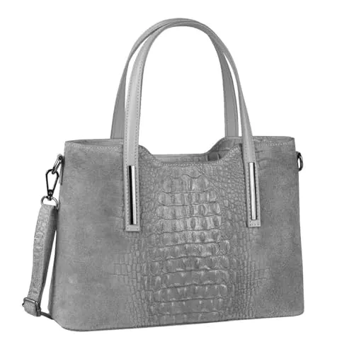 OBC Made IN Italy Damen Echt Leder Tasche Kroko-Prägung Business Shopper Wildleder Schultertasche Handtasche Ledertasche Umhängetasche (Grau)