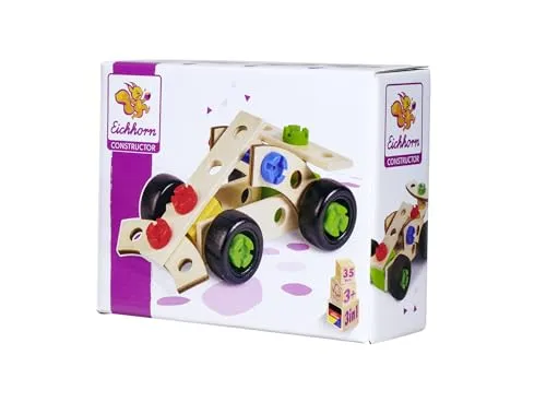 Eichhorn - Constructor Rennauto, vielseitiges Holzspielzeug, 35 Teile, 3 Verschiedene Konstruktionen, 100 Prozent FSC zertifiziertes Buchenholz, ab 3 Jahren