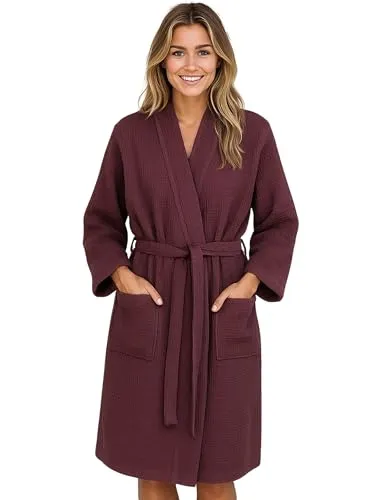 Morgenstern Bademantel Damen Leicht 100% Baumwolle Waffelstoff Waffelpique Waffelmuster Paula Oeko Tex Standard Bordeaux Rot XL