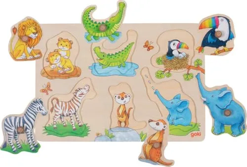 goki 57310 – Hintergrundbildpuzzle Wilde Tierbabys - Steckpuzzle für Kleinkinder mit Tiermotiven und Holzgriffen