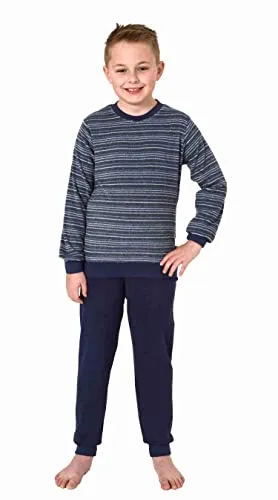 Normann Jungen Langarm Frottee Schlafanzug Pyjama mit Bündchen in Streifenoptik, Farbe:blau, Größe:140