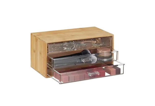 Relaxdays Kosmetik Organizer mit 3 Schubladen in Hellbraun und Transparent - Praktischer Tischorganizer für Kosmetik und Schmuck. Mit 3 Schubladen aus robustem Kunststoff und einem natürlichen Bambusrahmen sorgt er für Ordnung und Stil auf Ihrem Schminktisch oder Schreibtisch.