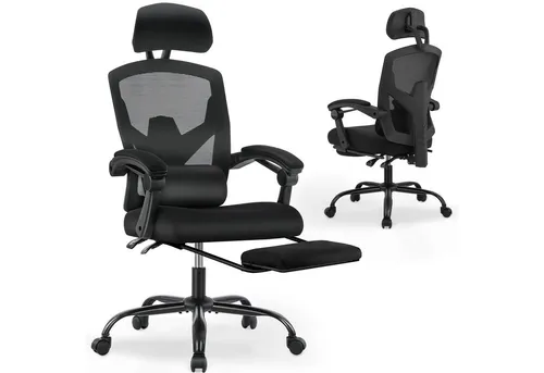 DUMOS Ergonomischer Bürostuhl mit Fußstütze und hoher Rückenlehne - Drehstuhl mit verstellbarer Lendenwirbelstütze und Fußstütze, ideal für langes Sitzen ohne Rückenschmerzen – perfekt für Büro und Home Office.