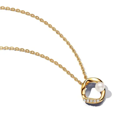 PANDORA Essence Organisch Geformter Pavé Kreis Collier-Halskette - Ketten für Damen, mit einzigartigen behandelten Süßwasserzuchtperlen und einem eleganten vergoldeten Kreisanhänger für einen modernen Look.