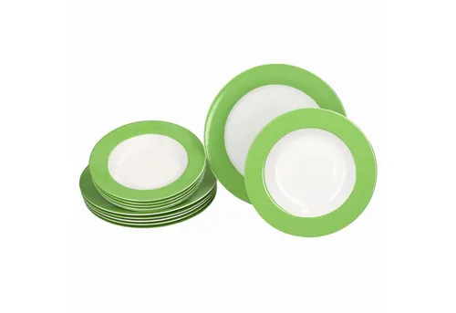 12tlg Tafelservice VARIANT GRÜN für 6 Personen aus Porzellan - Elegantes Tafelservice für 6 Personen, ideal für jede Gelegenheit. Das robuste Porzellan in frischem Grün ist spülmaschinen- und mikrowellengeeignet und verbindet Funktionalität mit Stil.