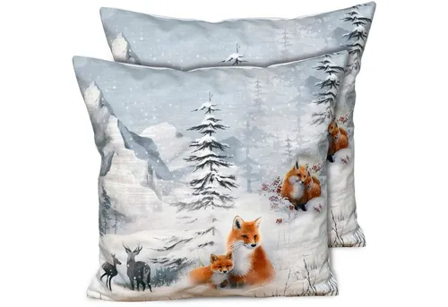 matches21 HOME & HOBBY Kissenbezüge 2er Set Kissenhüllen 40x40 cm Winterwald mit Fuchs, Hirsch als Deko, (2 Stück), Zierkissen-Bezüge für Sofa-Kissen, Couch-Kissen