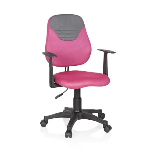 hjh OFFICE KIDDY Drehstuhl - Pink/Grau - Ergonomischer Kinder- und Jugenddrehstuhl mit stufenloser Sitzhöhenverstellung, ideal für wachsende Kids ab 110 cm Körpergröße. Robuste Armlehnen und weicher Stoff bieten hohen Komfort.