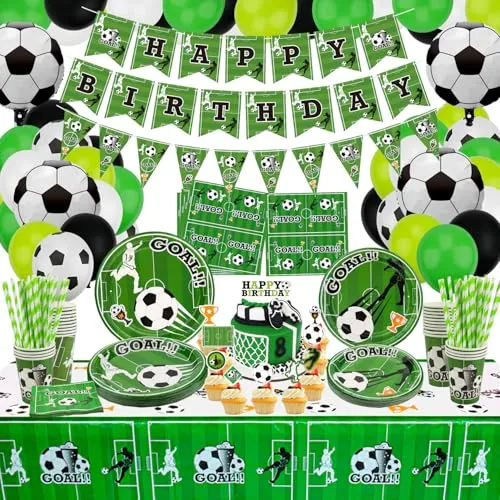 Fußball Geburtstag Deko - Enthält Fußballballon, Happy Birthday Banner, Kuchendeckel, Teller, Servietten, Tasse, Tischdecke und Papierstrohhalme für Sport-Geburtstagsdekorationen, für 20 Gäste