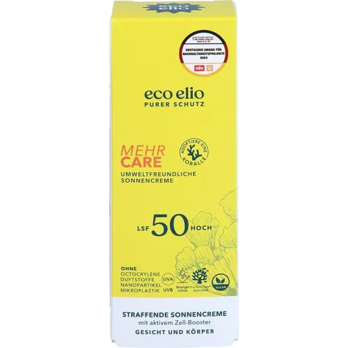 Eco Elio Mehr Care Sonnencreme LSF 50 - Hochwirksamer Sonnenschutz - Sonnenschutzmittel mit LSF 50, bietet langanhaltenden Schutz und pflegt die Haut gleichzeitig.
