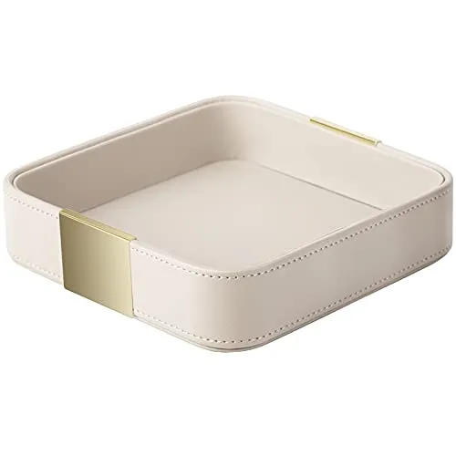 SANZIE Luxus Lederschale Schlüsselschale Aufbewahrung Schlüsselablage Organizer Ablage Tablett Schale für Schlüssel, Flur zu halten Schmuck, Uhren, Telefon, Brieftasche (Metallvergoldet, Weiß)